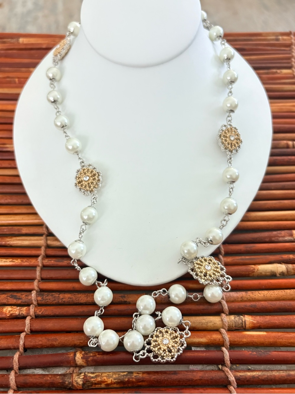 C1946 Gold Tone White Faux Pearl Medallion Long Necklace – Women's 44”-47”